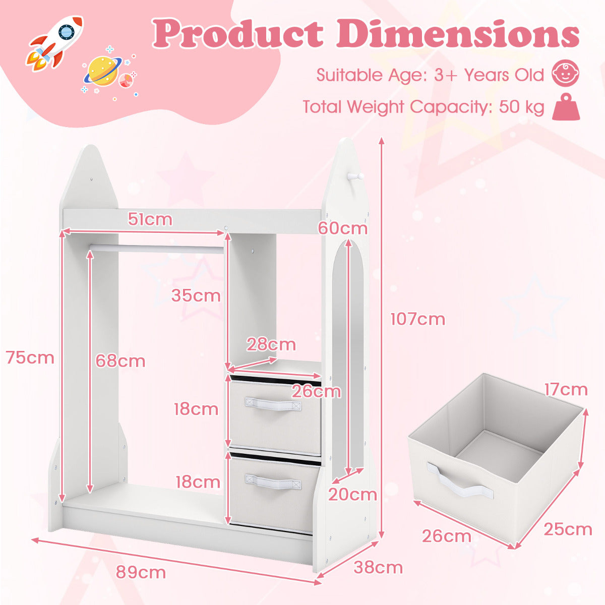 Kids Play Armoire Dresser with Acrylic Mirror Cloth Hanger-White