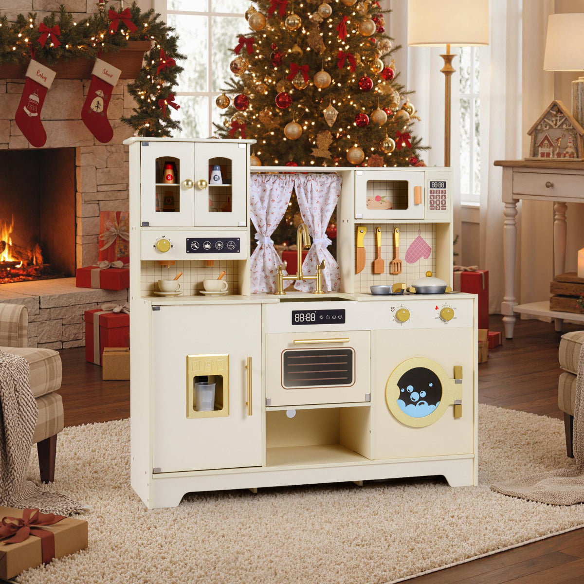 Kids Pretend Toy Kitchen Playset with Stoves Faucet-Beige