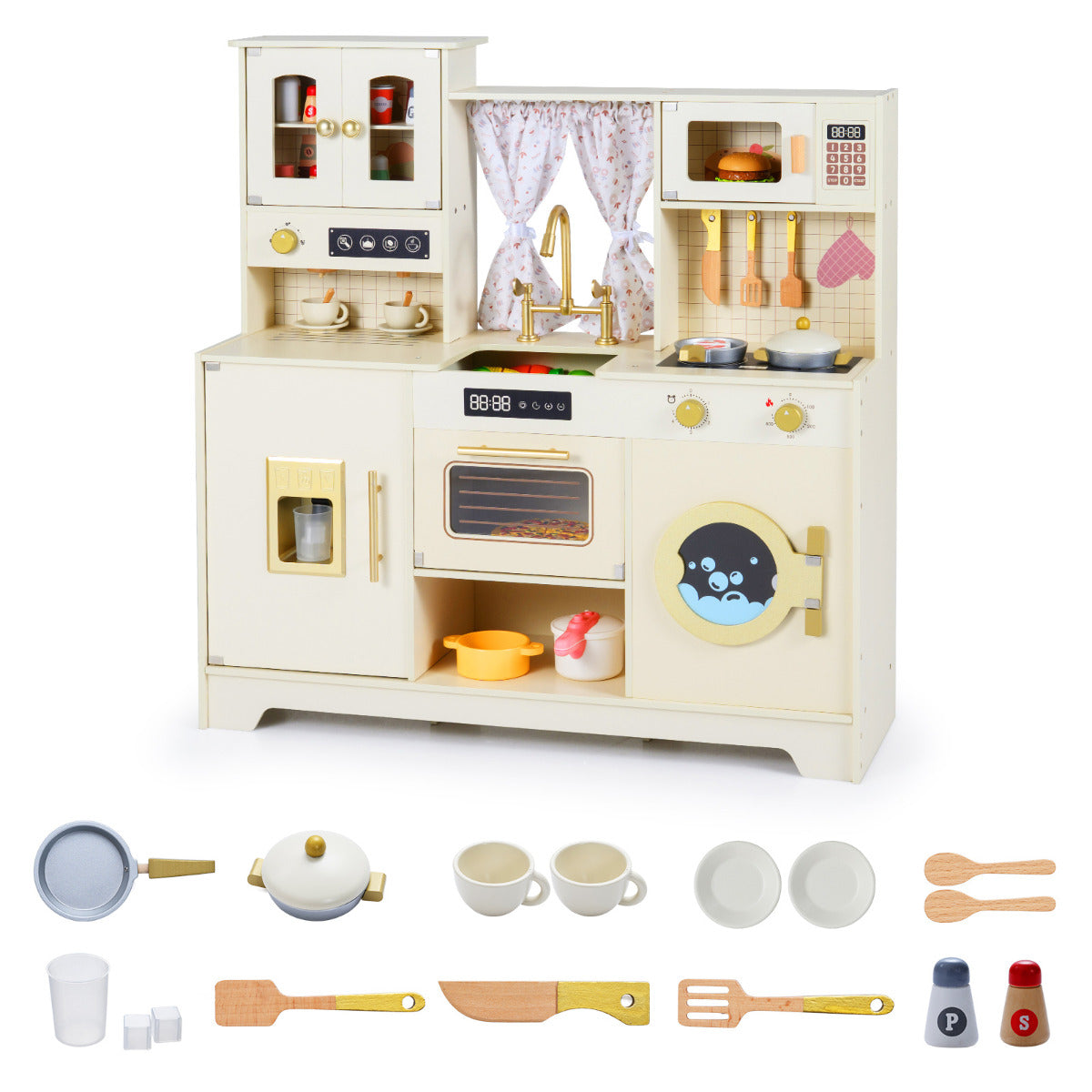 Kids Pretend Toy Kitchen Playset with Stoves Faucet-Beige