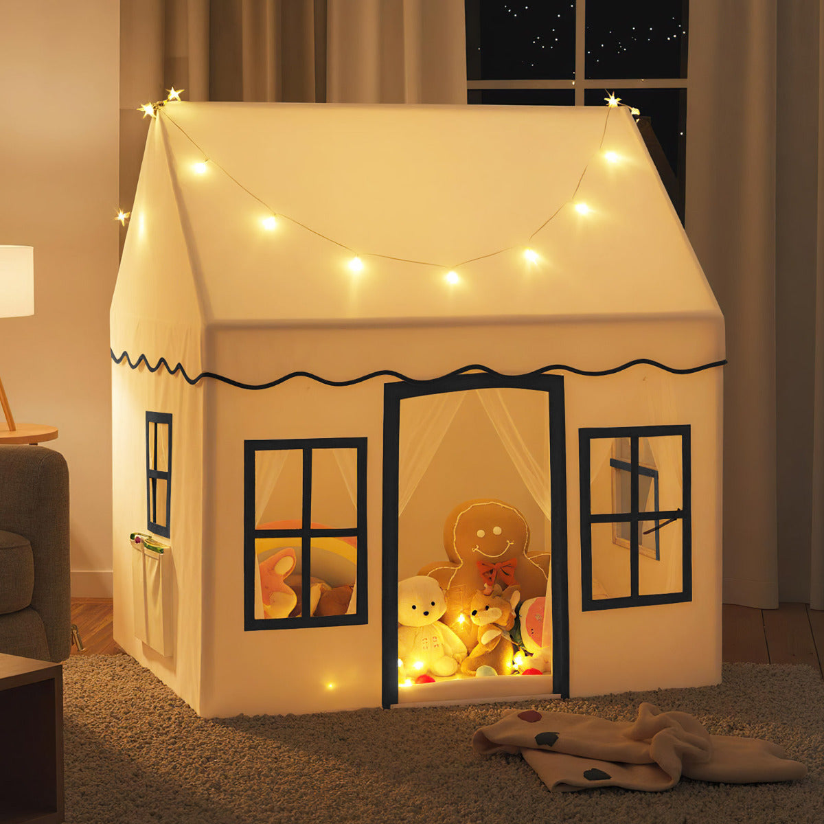 Kids Play Tent with Star Lights and Non-slip Mat-Beige