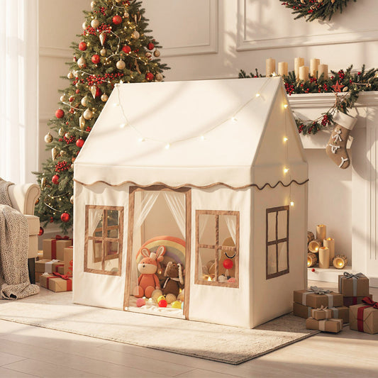 Kids Play Tent with Star Lights and Non-slip Mat-Khaki
