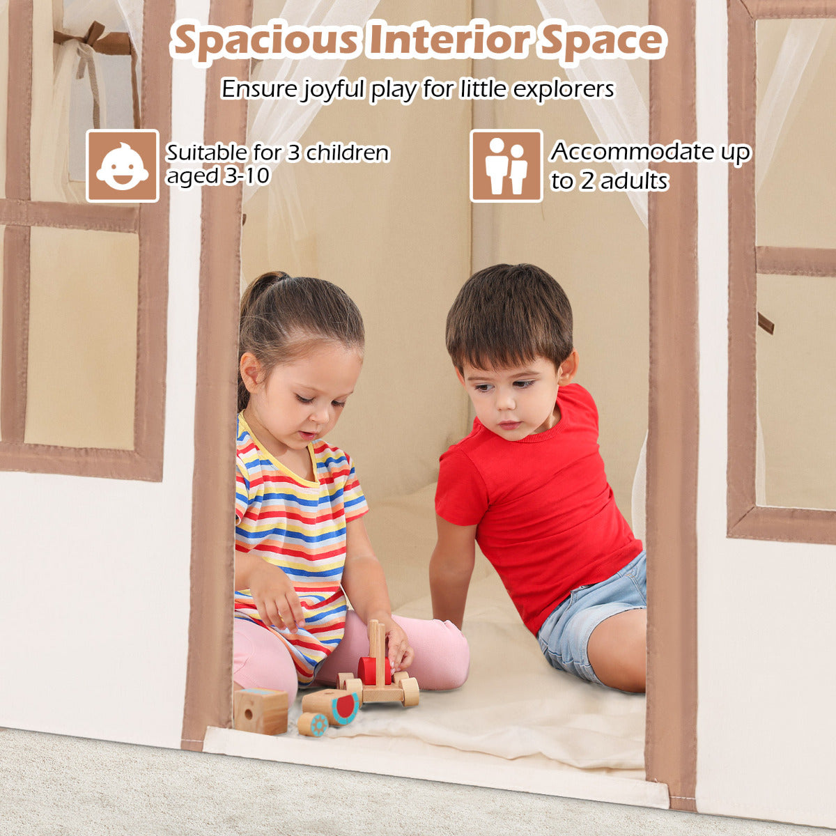Kids Play Tent with Star Lights and Non-slip Mat-Khaki