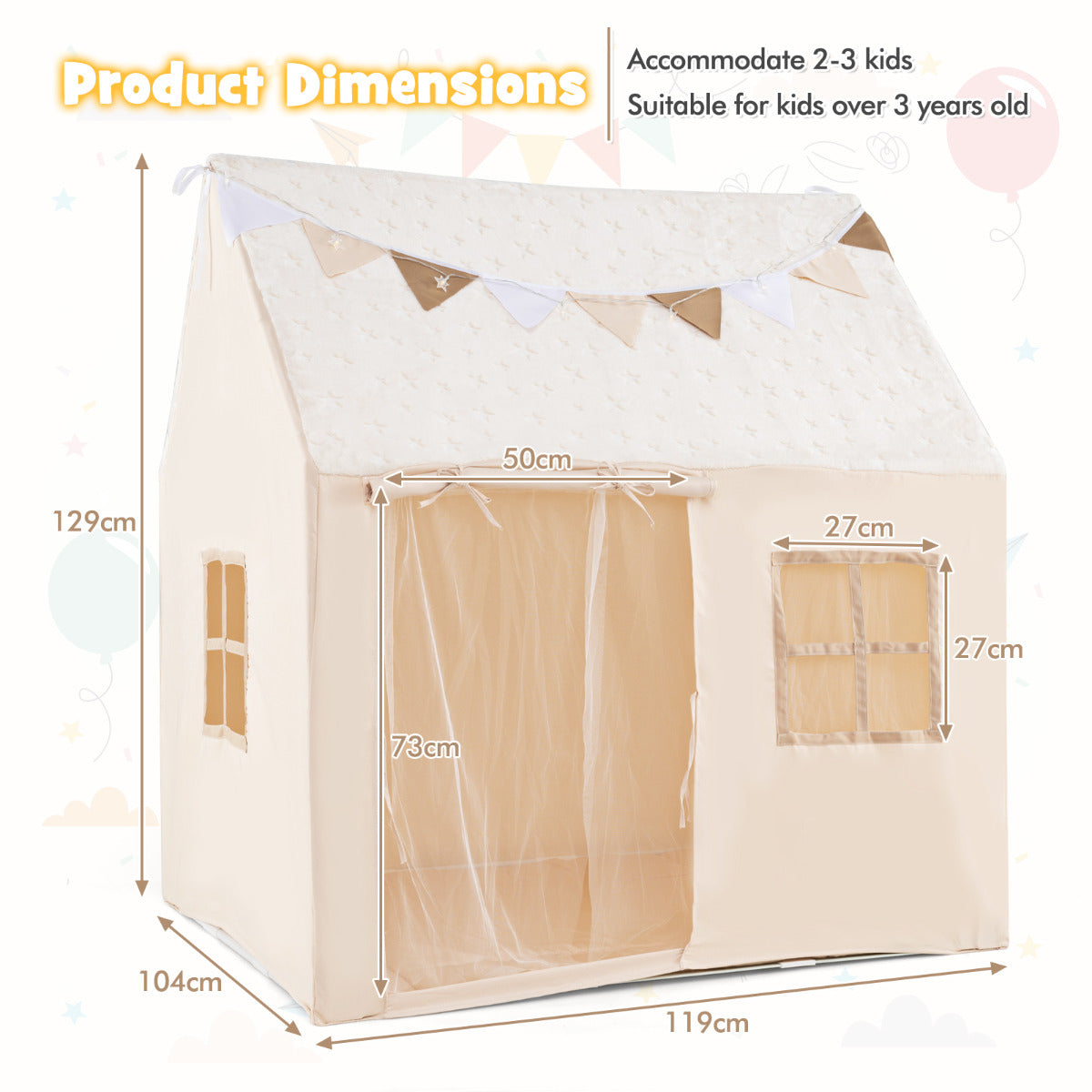 Kids Play Tent with Glow in the Dark Stars-Beige