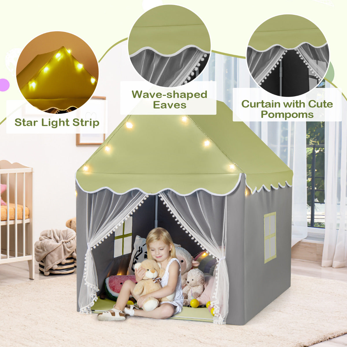 Large Kids Play House with Washable Mat and Star Lights-Light Green