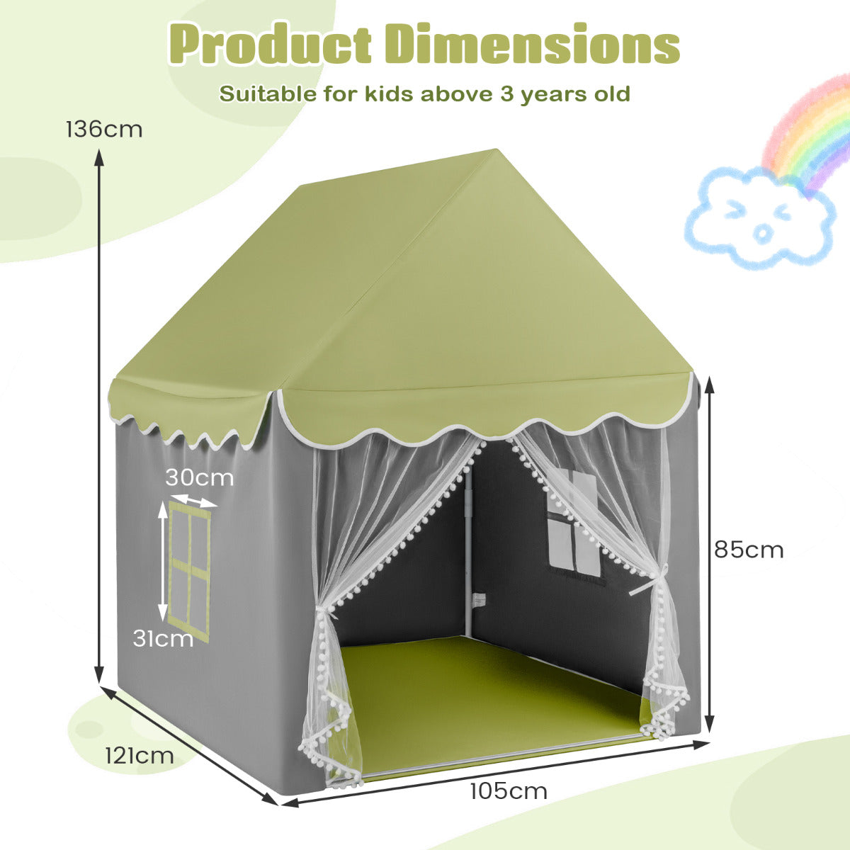 Large Kids Play House with Washable Mat and Star Lights-Light Green