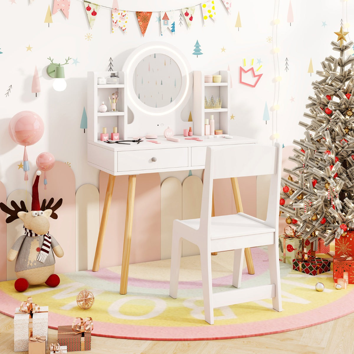 Kids Princess Vanity Desk Set with 2-Color LED Lighted Acrylic Mirror-White