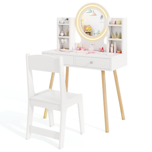 Kids Princess Vanity Desk Set with 2-Color LED Lighted Acrylic Mirror-White