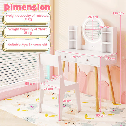 Kids Princess Vanity Desk Set with 2-Color LED Lighted Acrylic Mirror-White