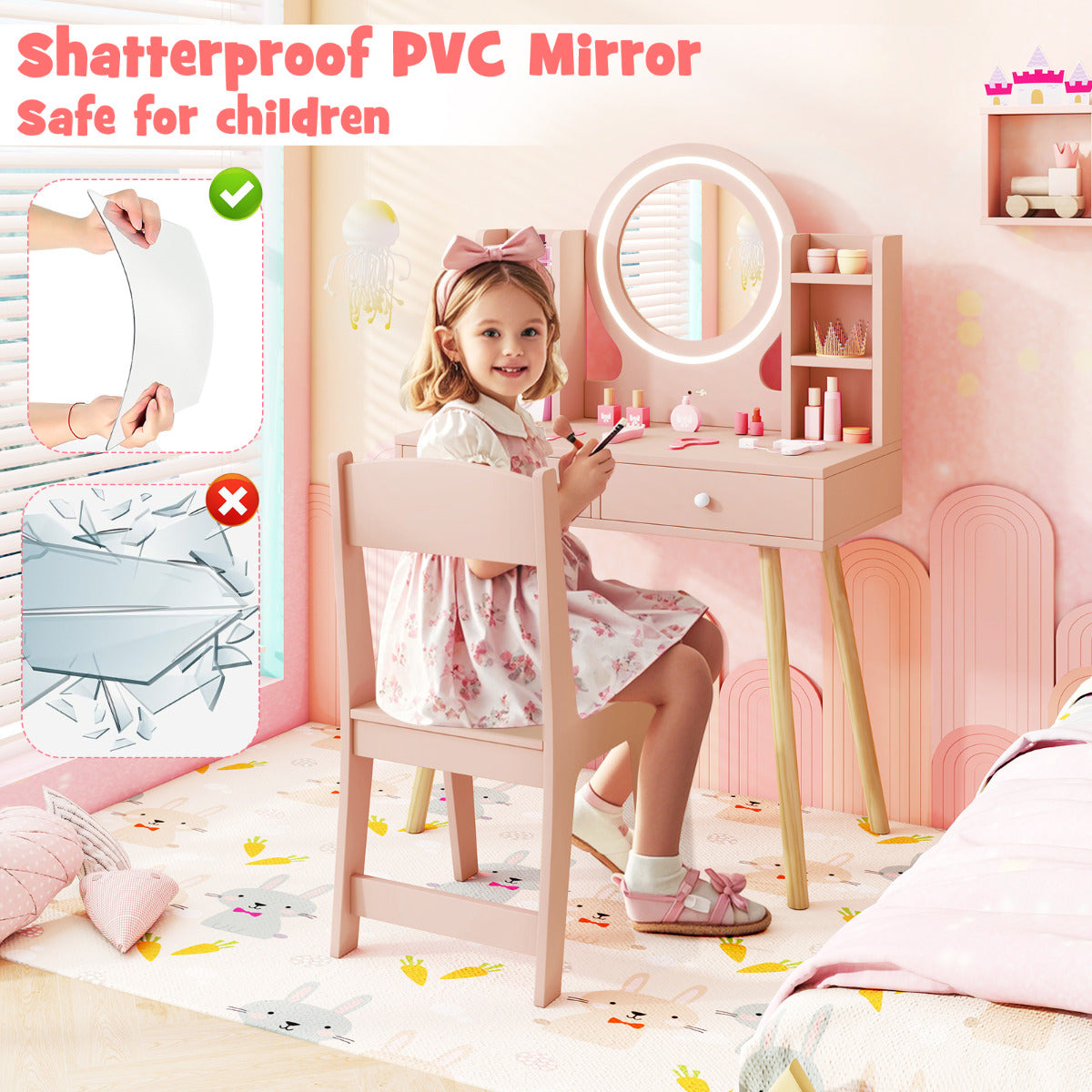 Kids Princess Vanity Desk Set with 2-Color LED Lighted Acrylic Mirror-Light Pink
