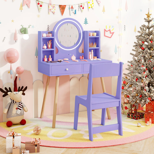 Kids Princess Vanity Desk Set with 2-Color LED Lighted Acrylic Mirror-Purple