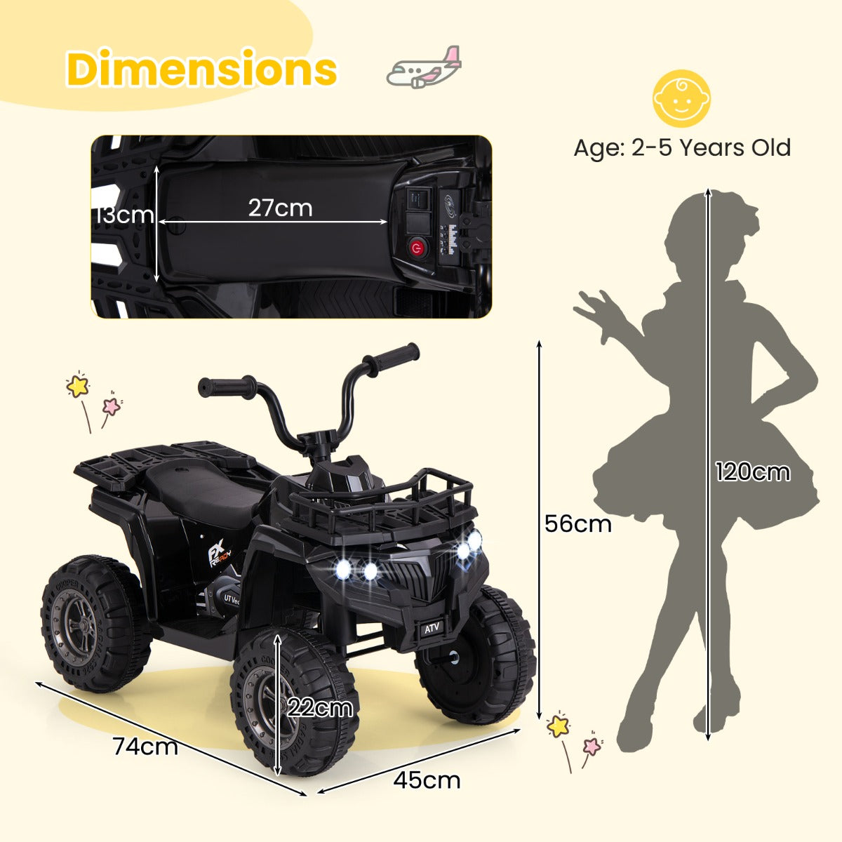 6V 4-Wheeler Quad Car with One-Button Start and Tread Tires-Black