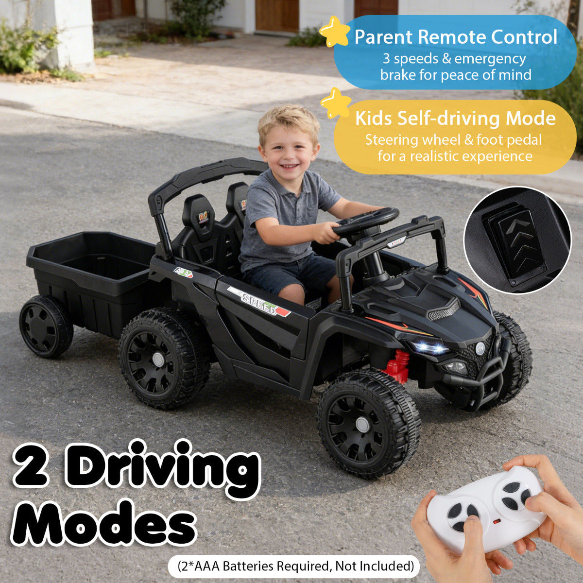 12V Battery Powered Ride On Kids Tractor with Detachable Trailer-Black