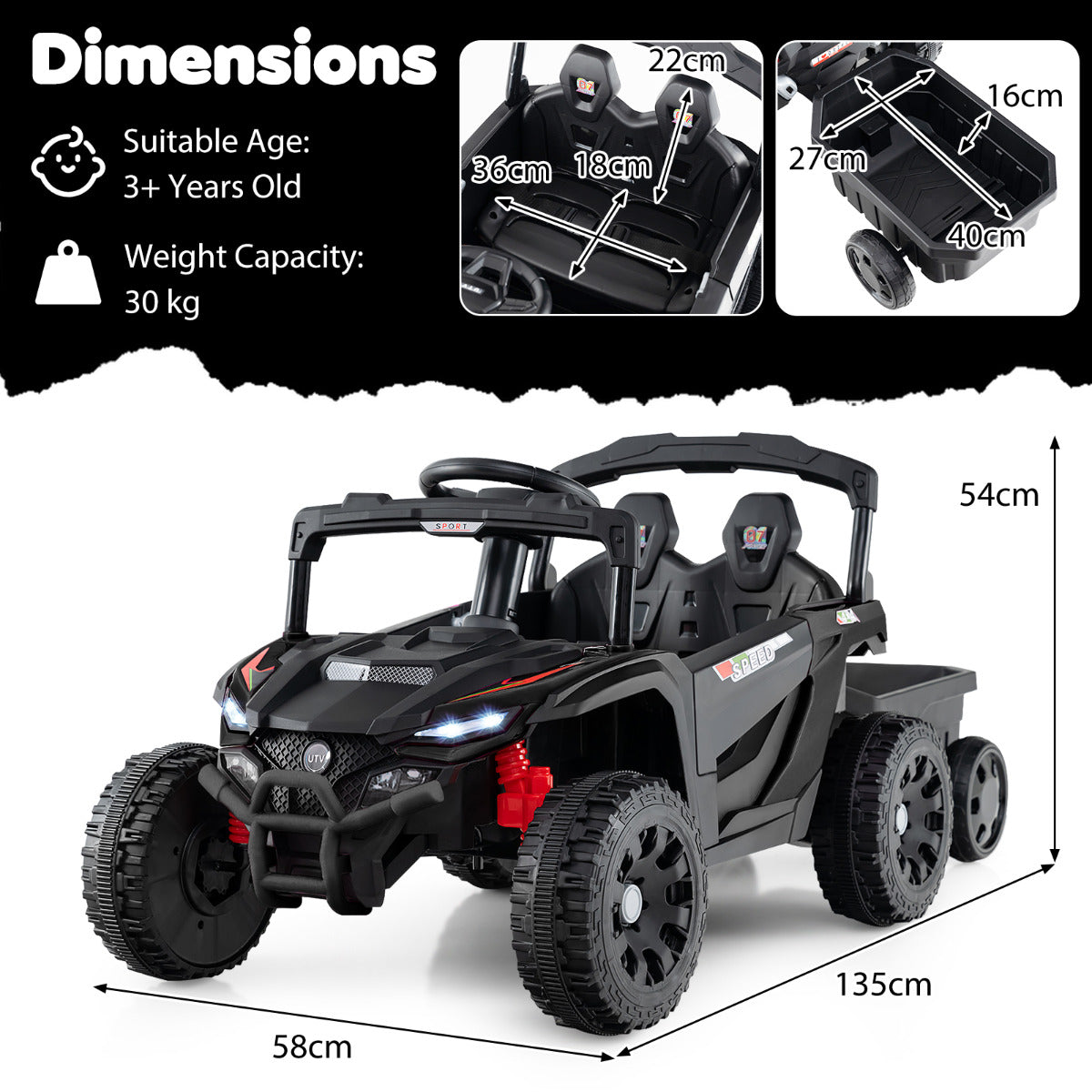 12V Battery Powered Ride On Kids Tractor with Detachable Trailer-Black