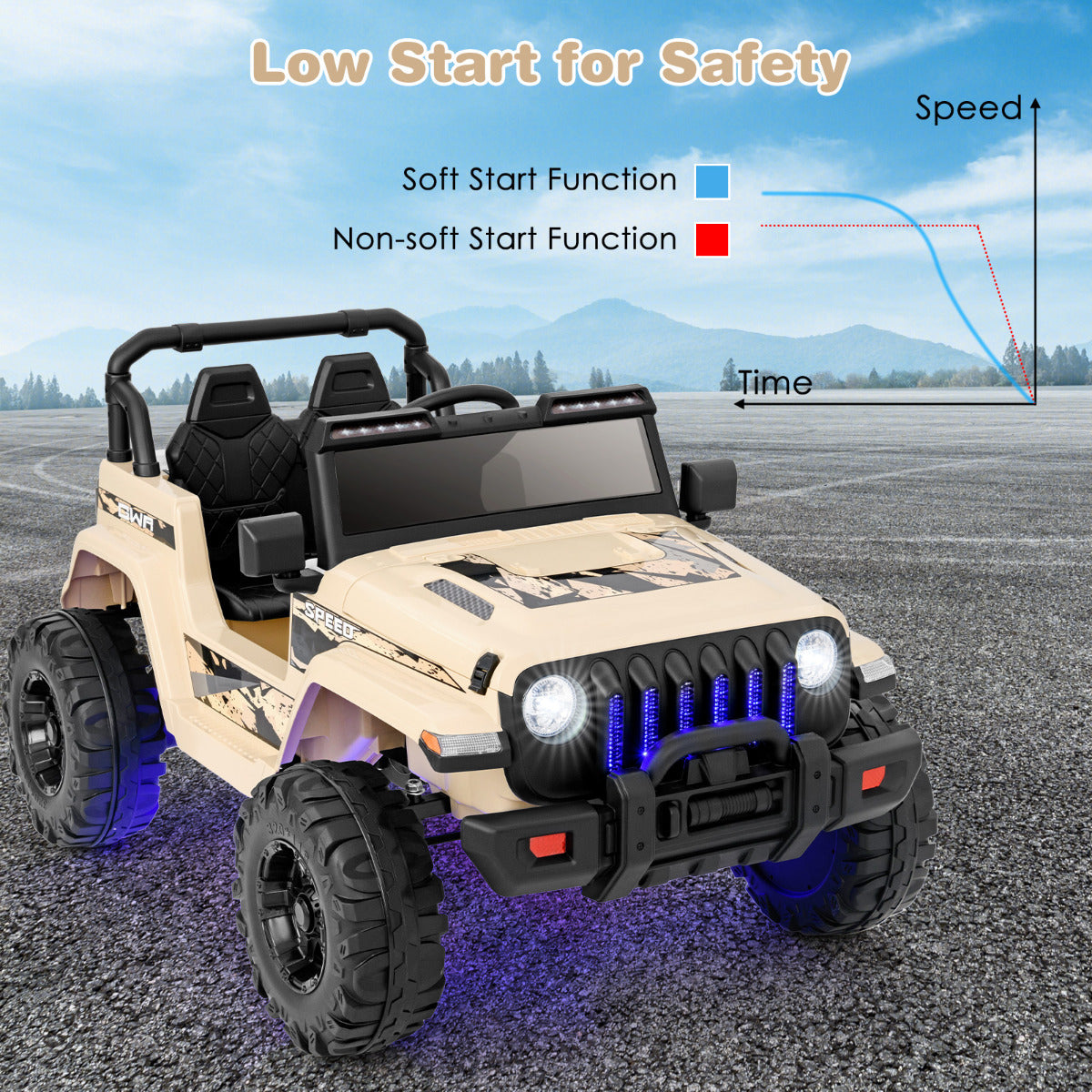 12V Kids Ride on Truck with 2.4G Parental Remote Control and Music-Khaki