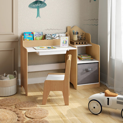 Kids Study Desk and Chair Set Children Study Table with Open Shelves-Natural