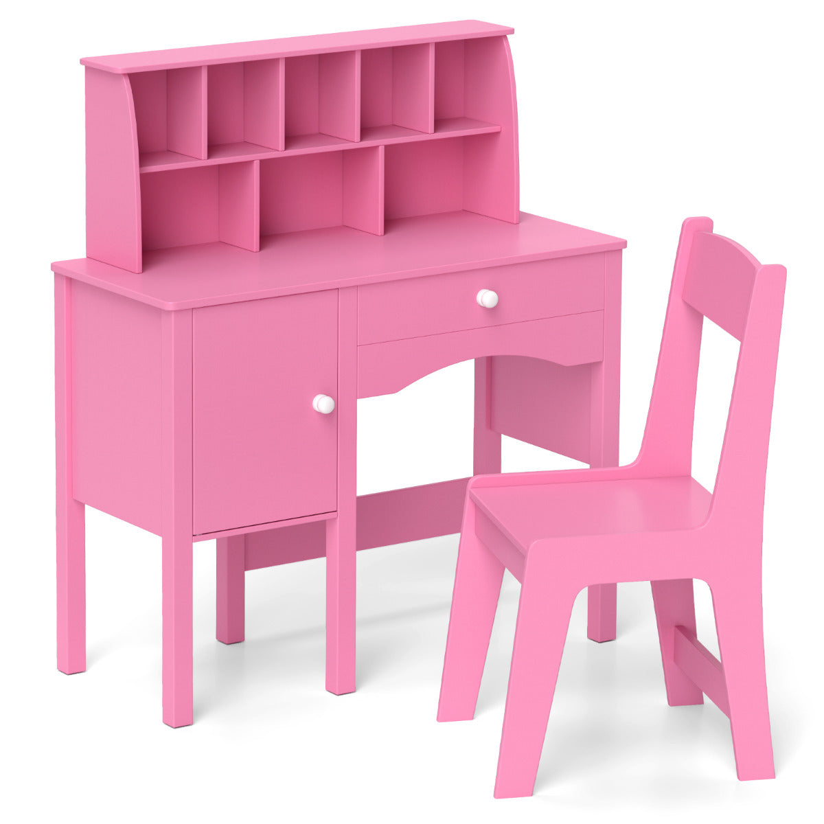 Kids Study Desk and Chair Set with Hutch and Storage Cabinet-Pink