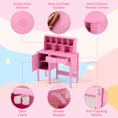 Kids Study Desk and Chair Set with Hutch and Storage Cabinet-Pink