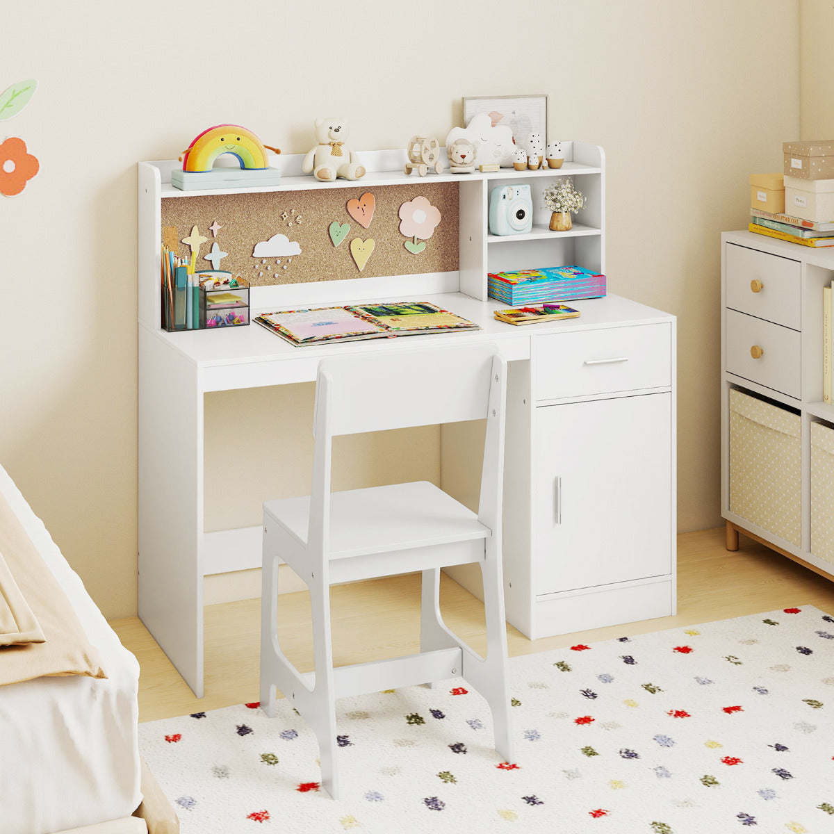 Kids Study Desk and Chair Set with Shelves and Storage Cabinet-White