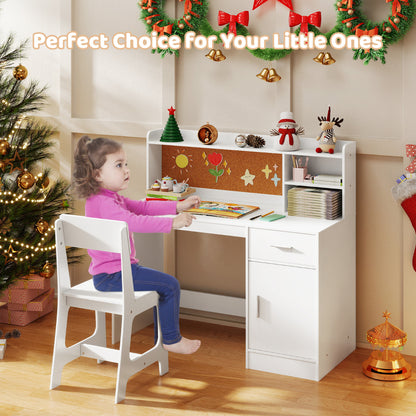 Kids Study Desk and Chair Set with Shelves and Storage Cabinet-White
