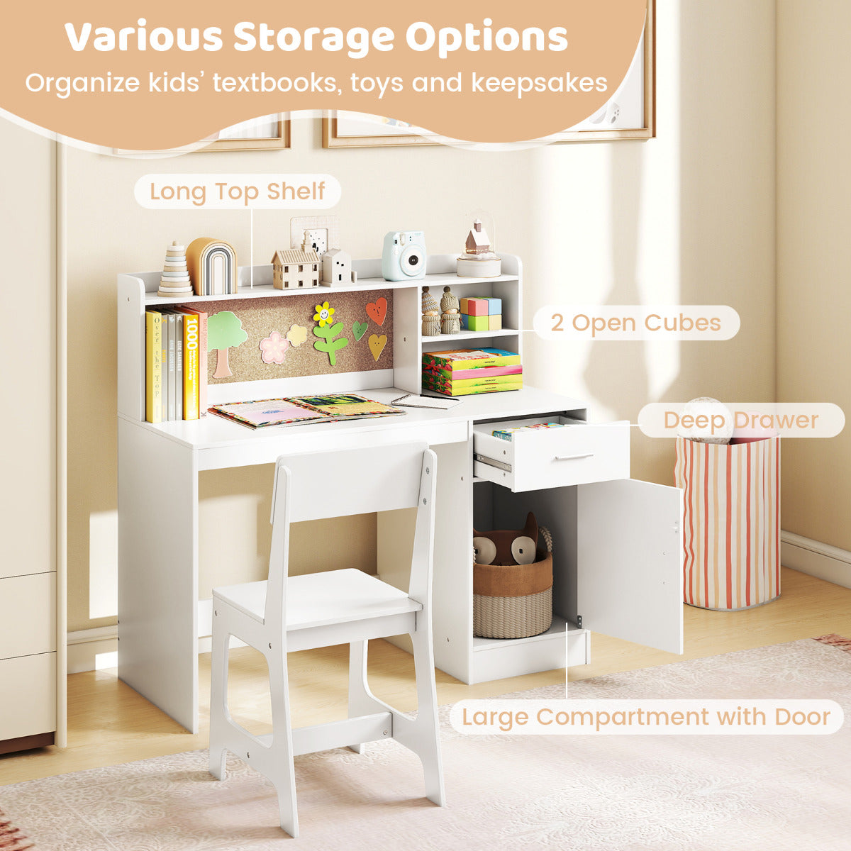 Kids Study Desk and Chair Set with Shelves and Storage Cabinet-White