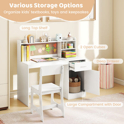 Kids Study Desk and Chair Set with Shelves and Storage Cabinet-White