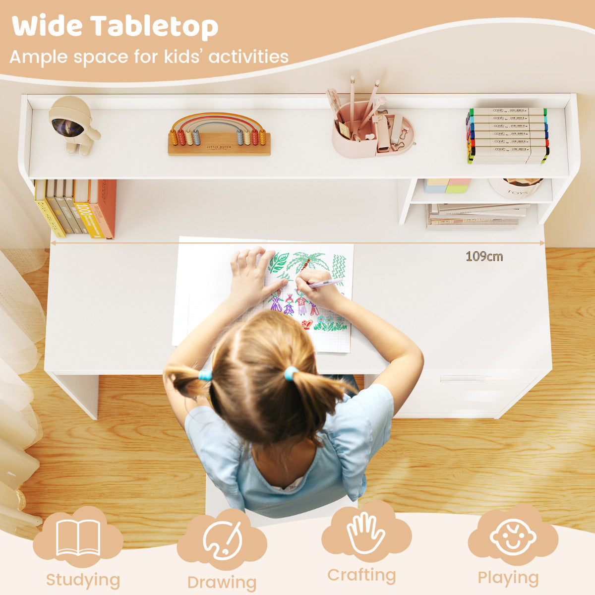Kids Study Desk and Chair Set with Shelves and Storage Cabinet-White