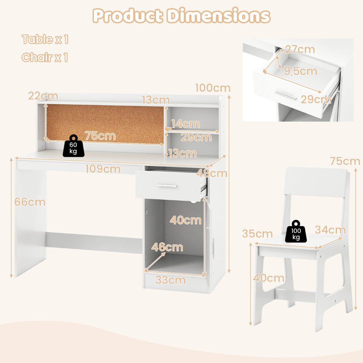 Kids Study Desk and Chair Set with Shelves and Storage Cabinet-White
