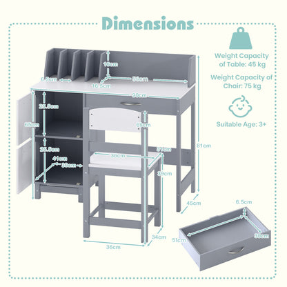 Kid's Study Desk and Chair Set with Deep Drawer and Enclosed Cabinets-Grey