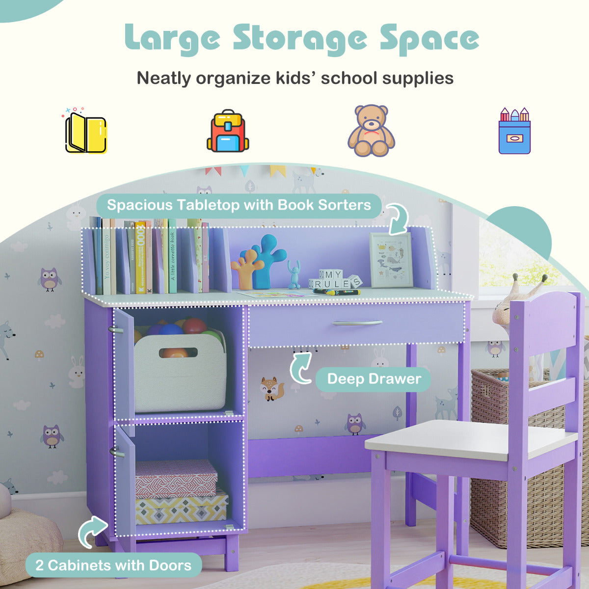 Kid's Study Desk and Chair Set with Deep Drawer and Enclosed Cabinets-Purple
