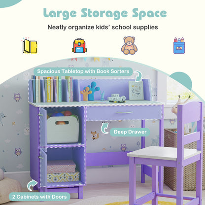 Kid's Study Desk and Chair Set with Deep Drawer and Enclosed Cabinets-Purple