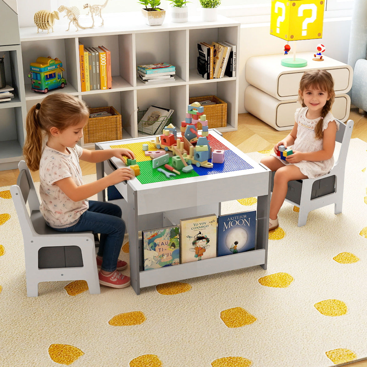 Kids Table and 2 Chairs Set Multifunctional Activity Table with Reversible Tabletop-Grey