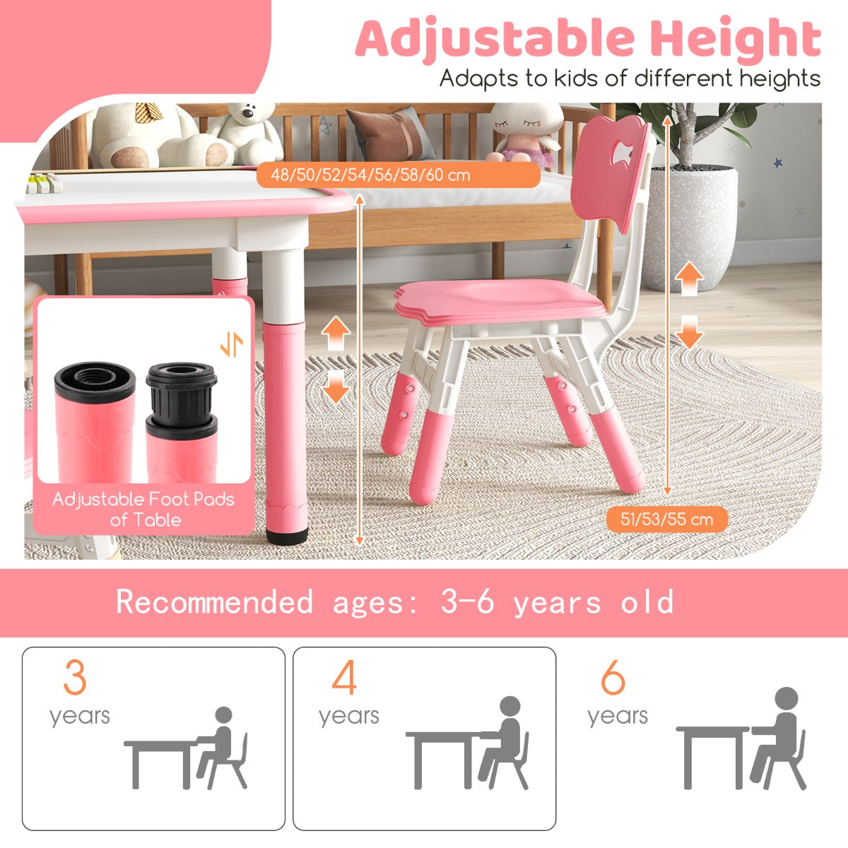 Kids Table and 4 Chairs Set with Graffiti Desktop for Home Daycare School-Pink
