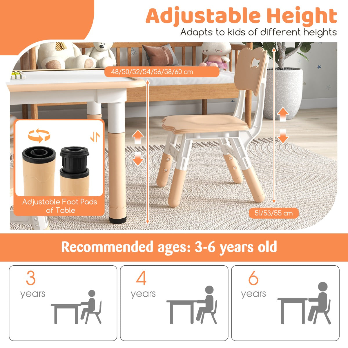 Kids Table and 4 Chairs Set with Graffiti Desktop for Home Daycare School-Natural