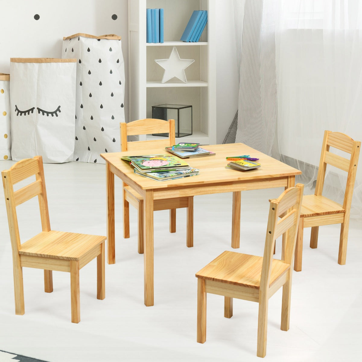 Kids Table and 4 Chairs Set for Toddlers Dining, Drawing, Reading-Natural