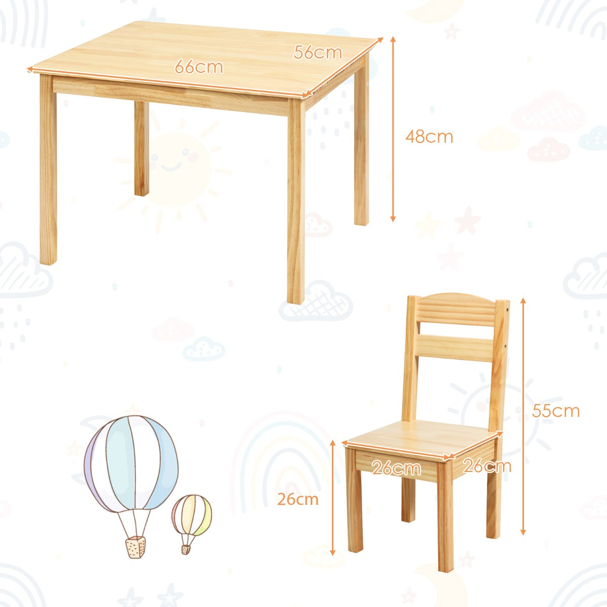 Kids Table and 4 Chairs Set for Toddlers Dining, Drawing, Reading-Natural