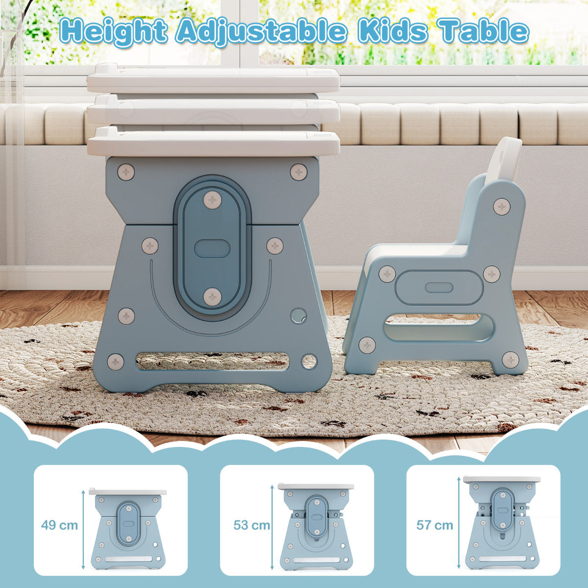 Kids Table and Chair Set with Tiltable Whiteboard and Book Stand-Blue