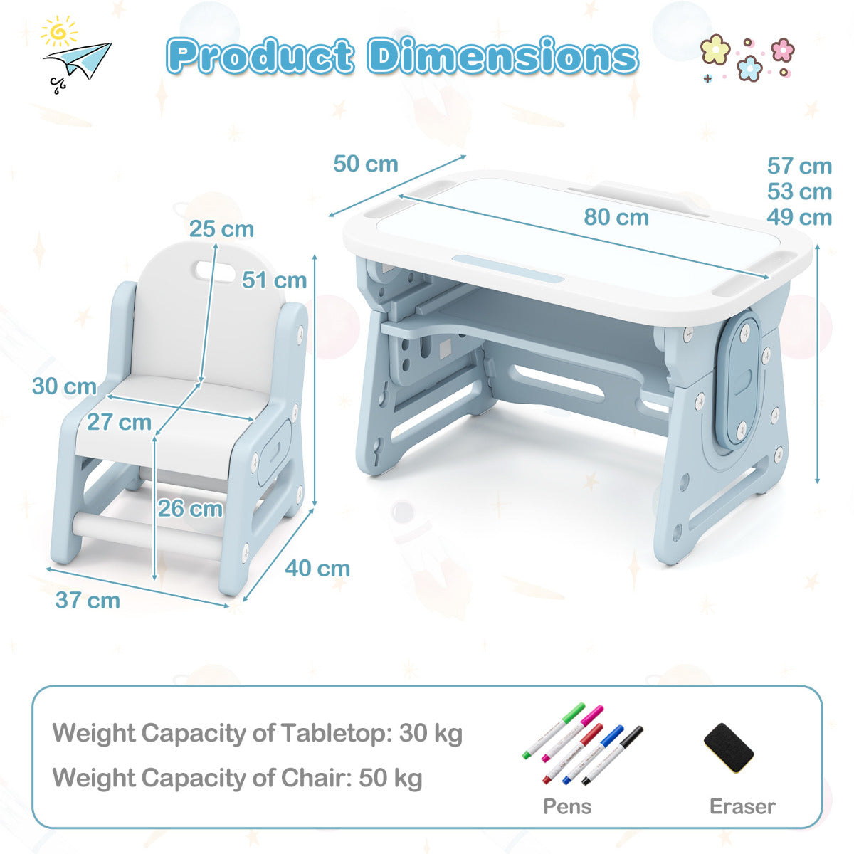 Kids Table and Chair Set with Tiltable Whiteboard and Book Stand-Blue