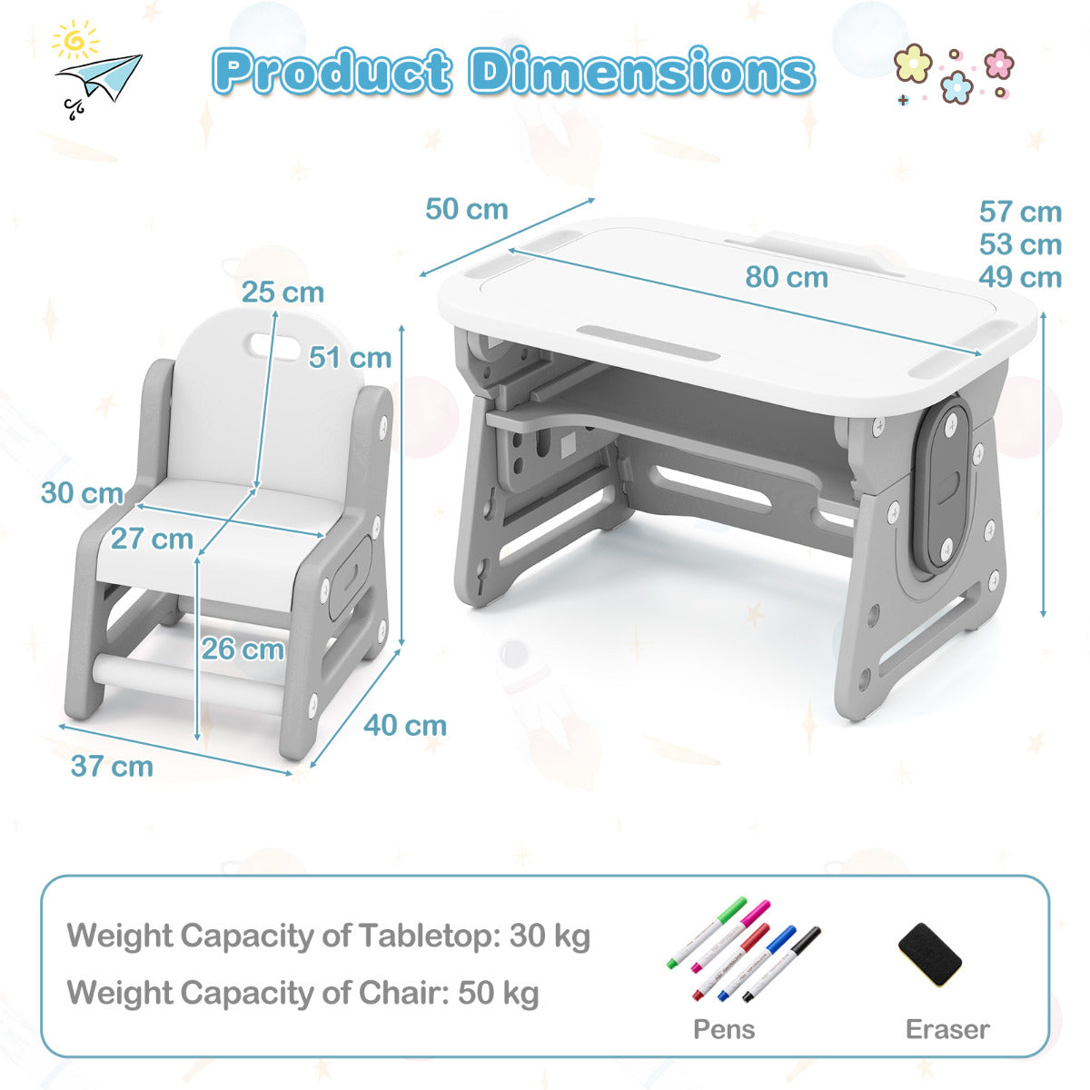 Kids Table and Chair Set with Tiltable Whiteboard and Book Stand-Grey
