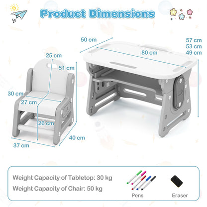 Kids Table and Chair Set with Tiltable Whiteboard and Book Stand-Grey