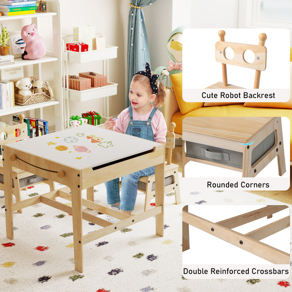 Kids Table and Chairs 4 in 1 Wooden Activity Desk Set (Bear Shape)-Grey