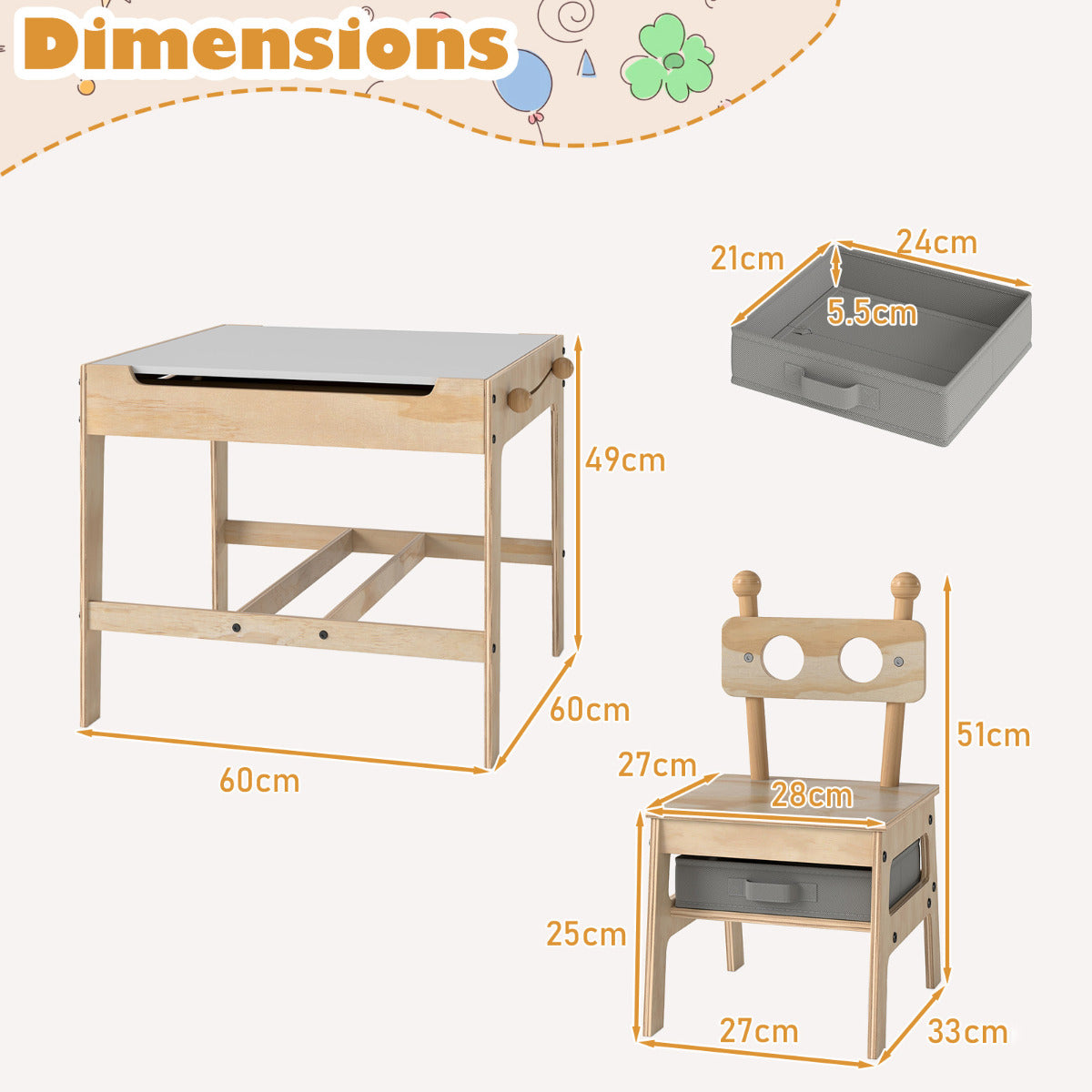 Kids Table and Chairs 4 in 1 Wooden Activity Desk Set (Bear Shape)-Grey
