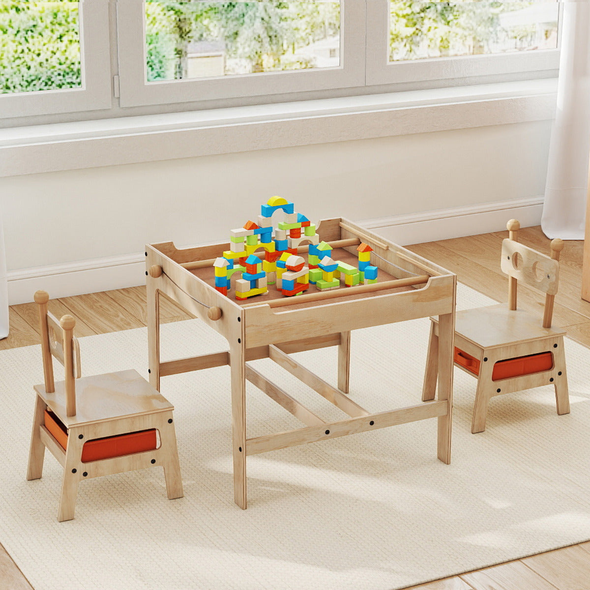 Kids Table and Chairs 4 in 1 Wooden Activity Desk Set (Bear Shape)-Natural