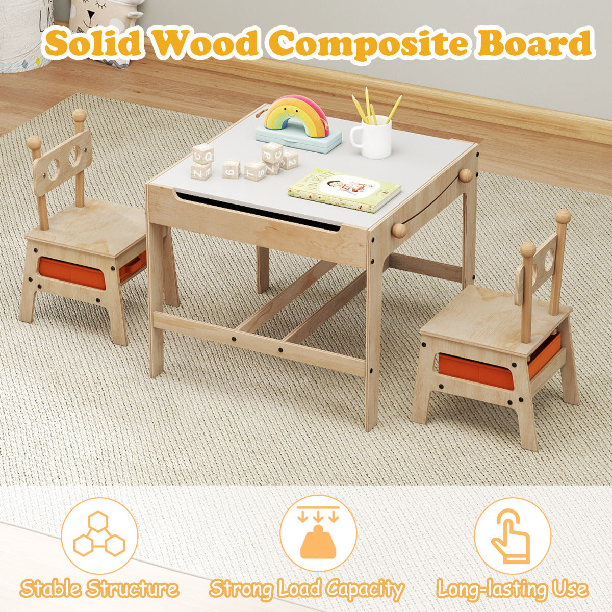 Kids Table and Chairs 4 in 1 Wooden Activity Desk Set (Bear Shape)-Natural