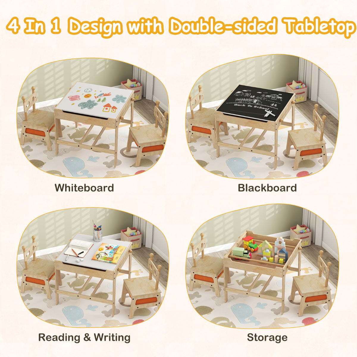 Kids Table and Chairs 4 in 1 Wooden Activity Desk Set (Bear Shape)-Natural