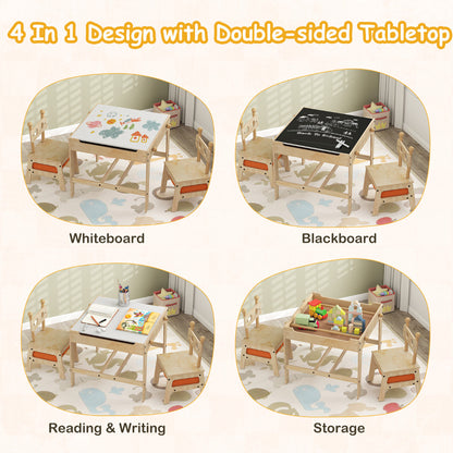 Kids Table and Chairs 4 in 1 Wooden Activity Desk Set (Bear Shape)-Natural