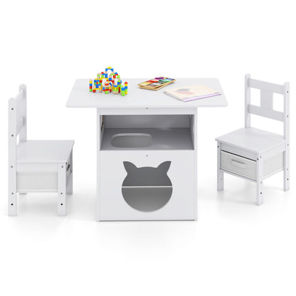 Kids Table and Chairs Set 3 Pieces Wooden Children Furniture with Cat House-White