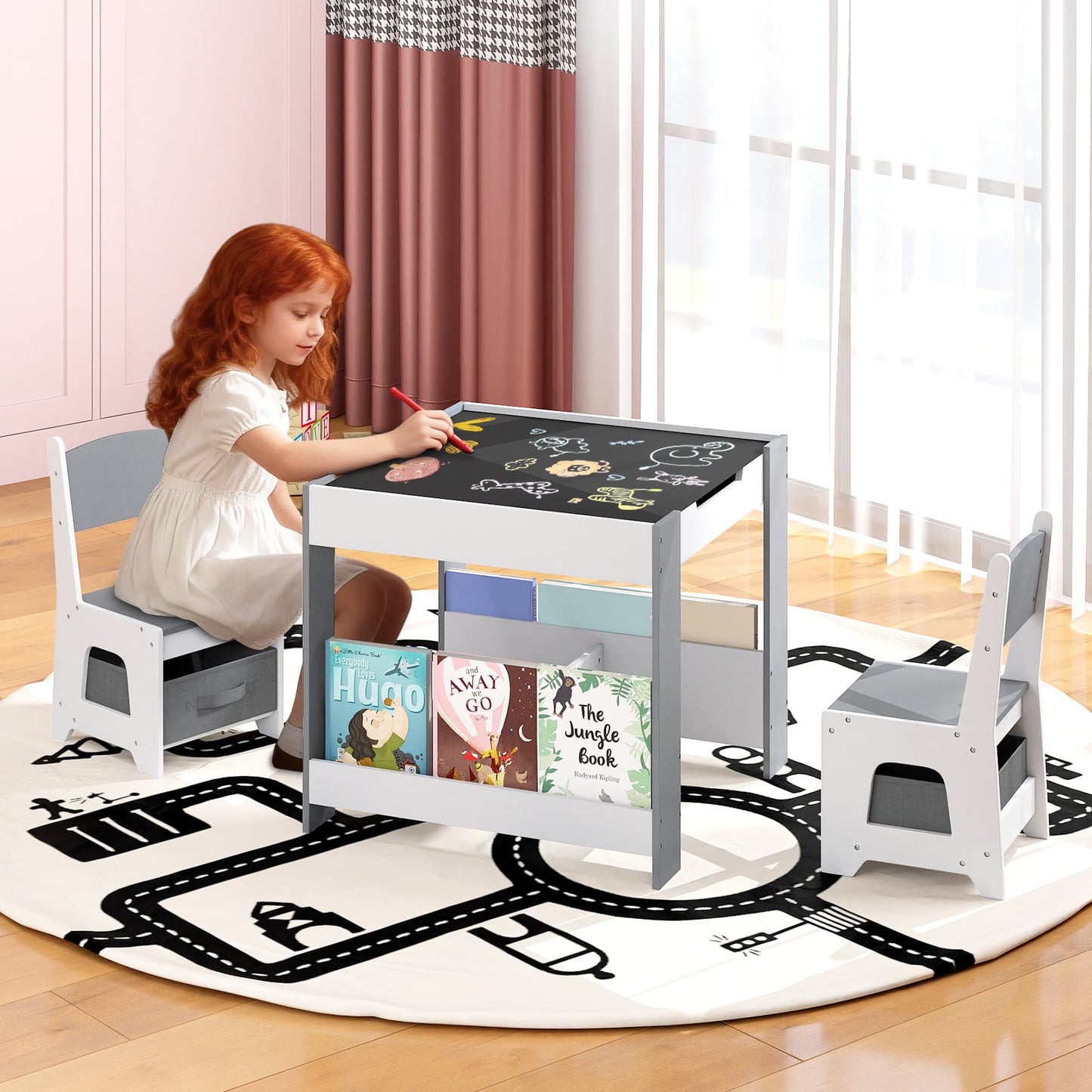 Kids Table and Chairs Set Toddler Wooden Activity Desk-Grey