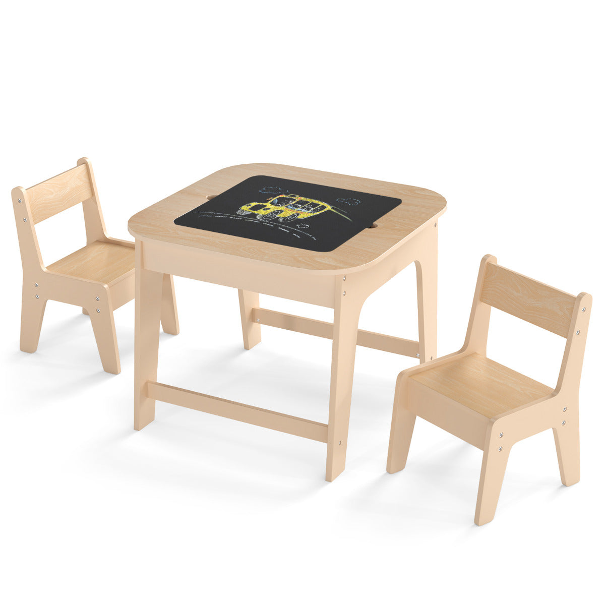 Kids Table and Chairs Set with Double-Sided Tabletop and Hidden Storage-Walnut