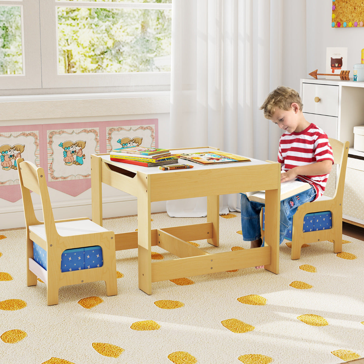 Kids Table Chair Set with Double Side Tabletop Table and Storage Box-Blue