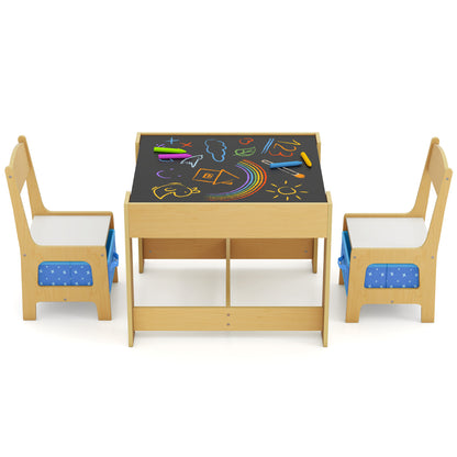 Kids Table Chair Set with Double Side Tabletop Table and Storage Box-Blue